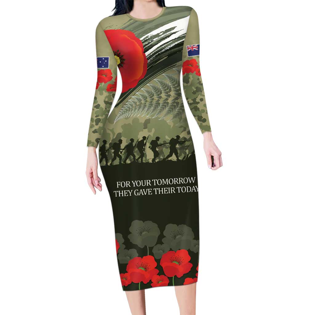 ANZAC Day We Remember Long Sleeve Bodycon Dress Maori Silver Fern Camouflage Motif