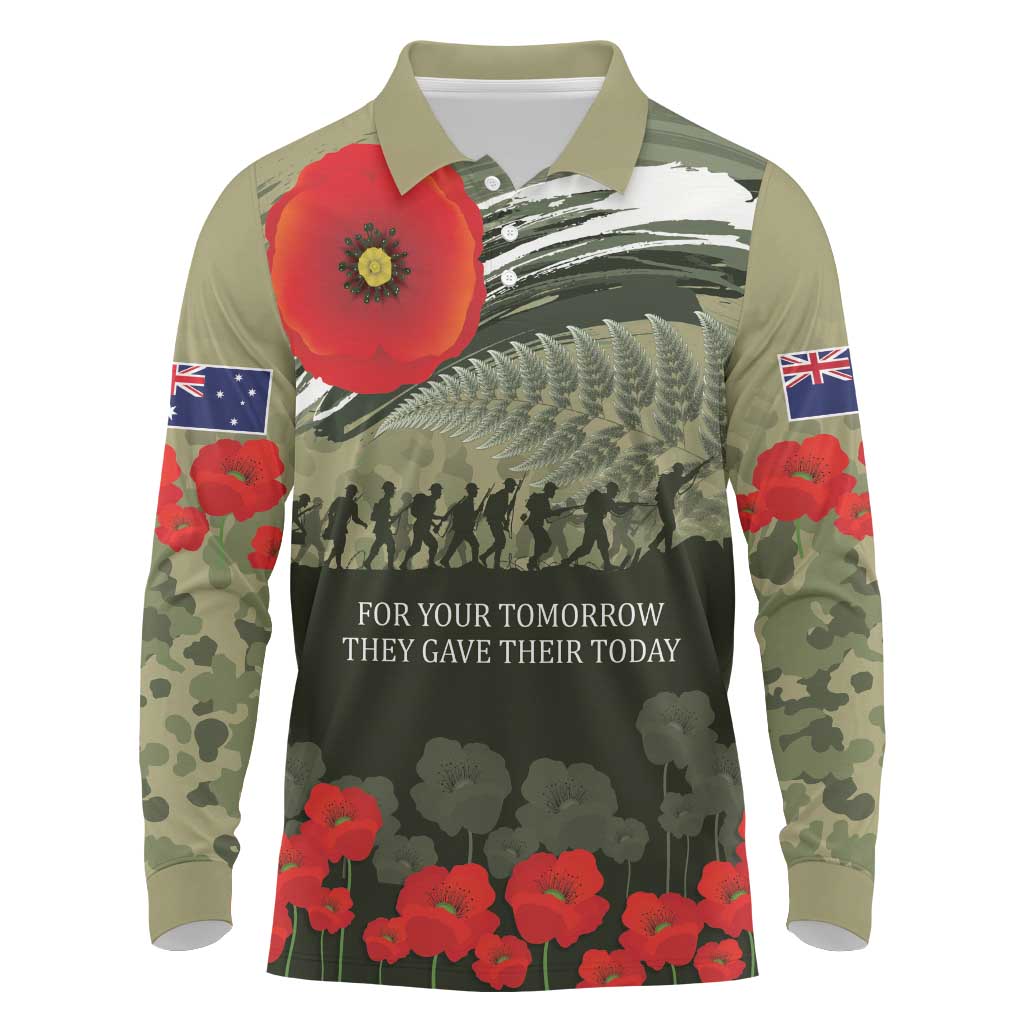 ANZAC Day We Remember Long Sleeve Polo Shirt Maori Silver Fern Camouflage Motif