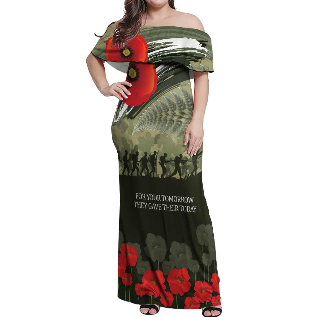 ANZAC Day We Remember Off Shoulder Maxi Dress Maori Silver Fern Camouflage Motif LT9 Women Green - Polynesian Pride