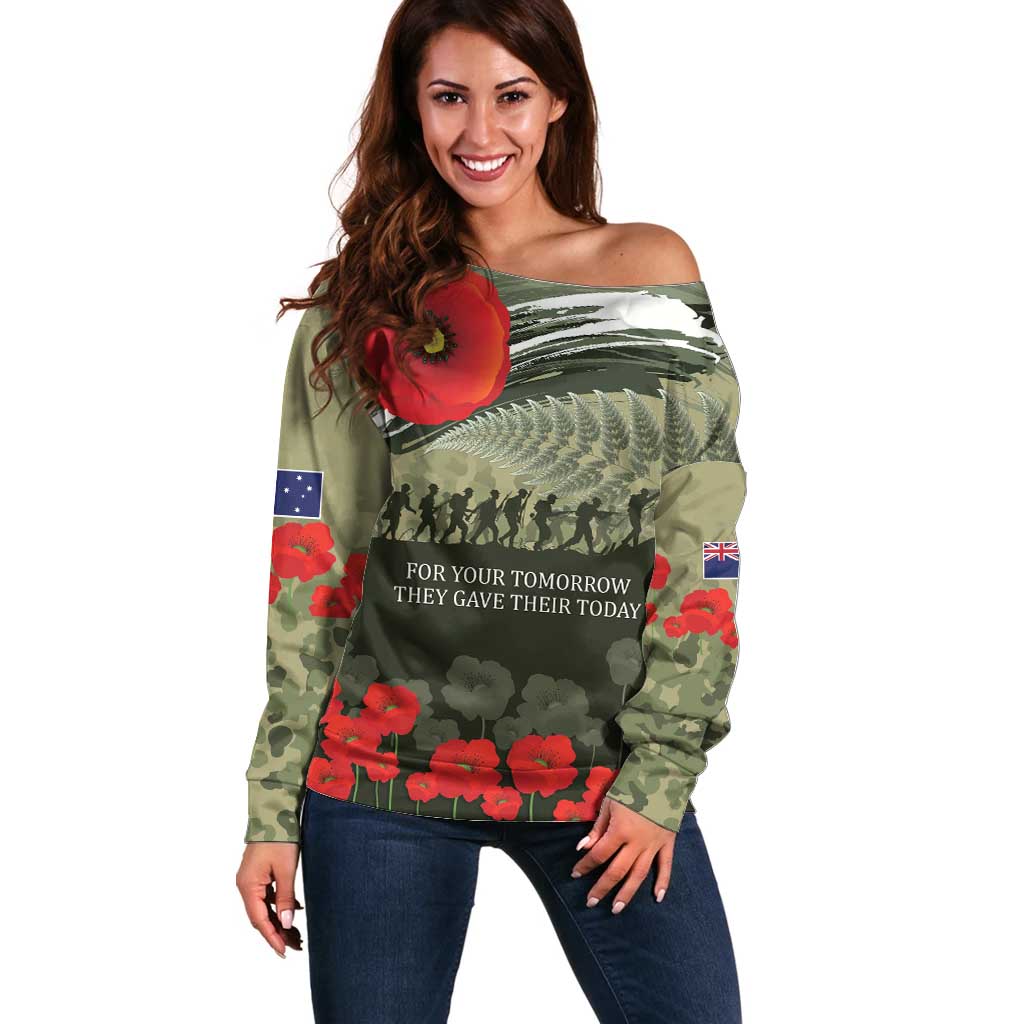 ANZAC Day We Remember Off Shoulder Sweater Maori Silver Fern Camouflage Motif