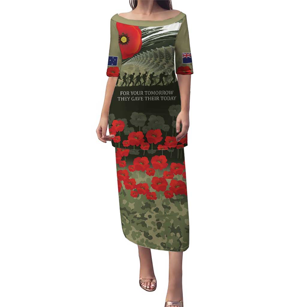 ANZAC Day We Remember Puletasi Maori Silver Fern Camouflage Motif LT9 Long Dress Green - Polynesian Pride