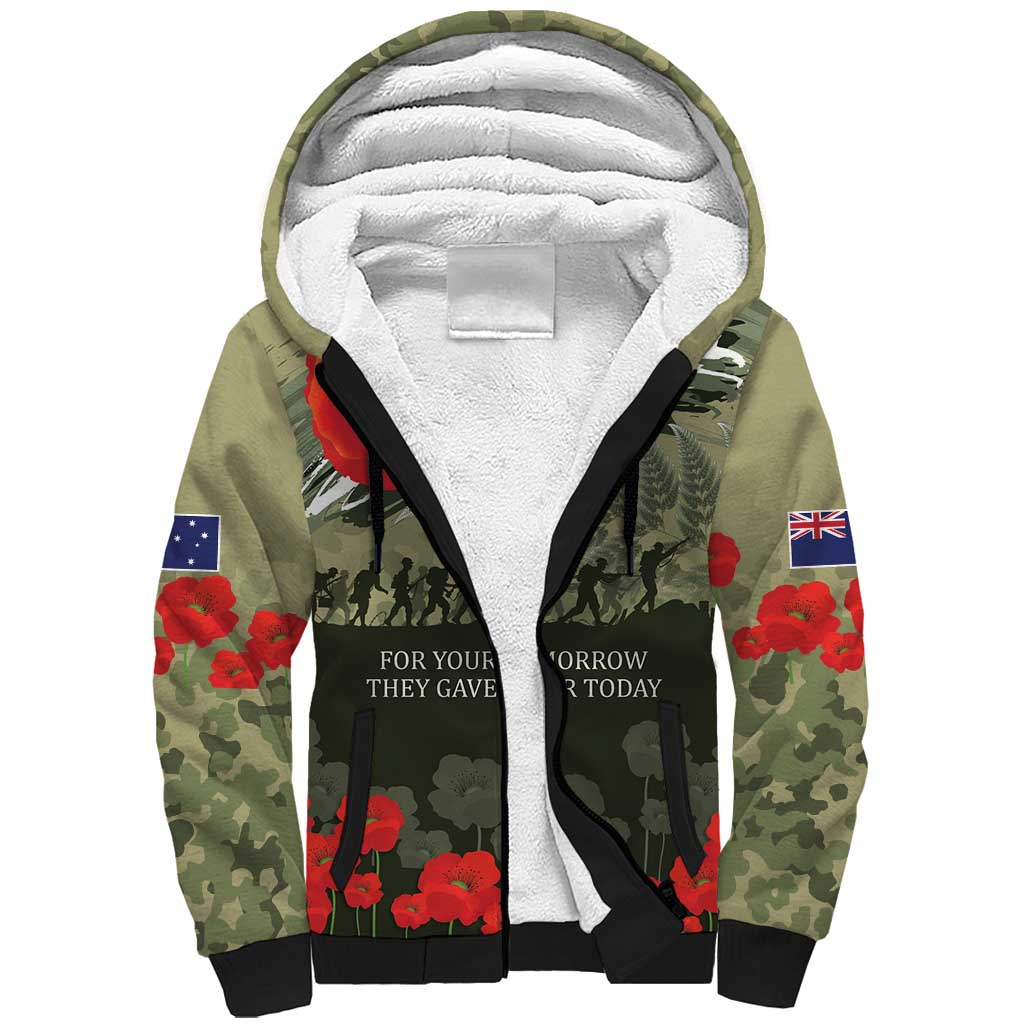 ANZAC Day We Remember Sherpa Hoodie Maori Silver Fern Camouflage Motif LT9 Unisex Green - Polynesian Pride