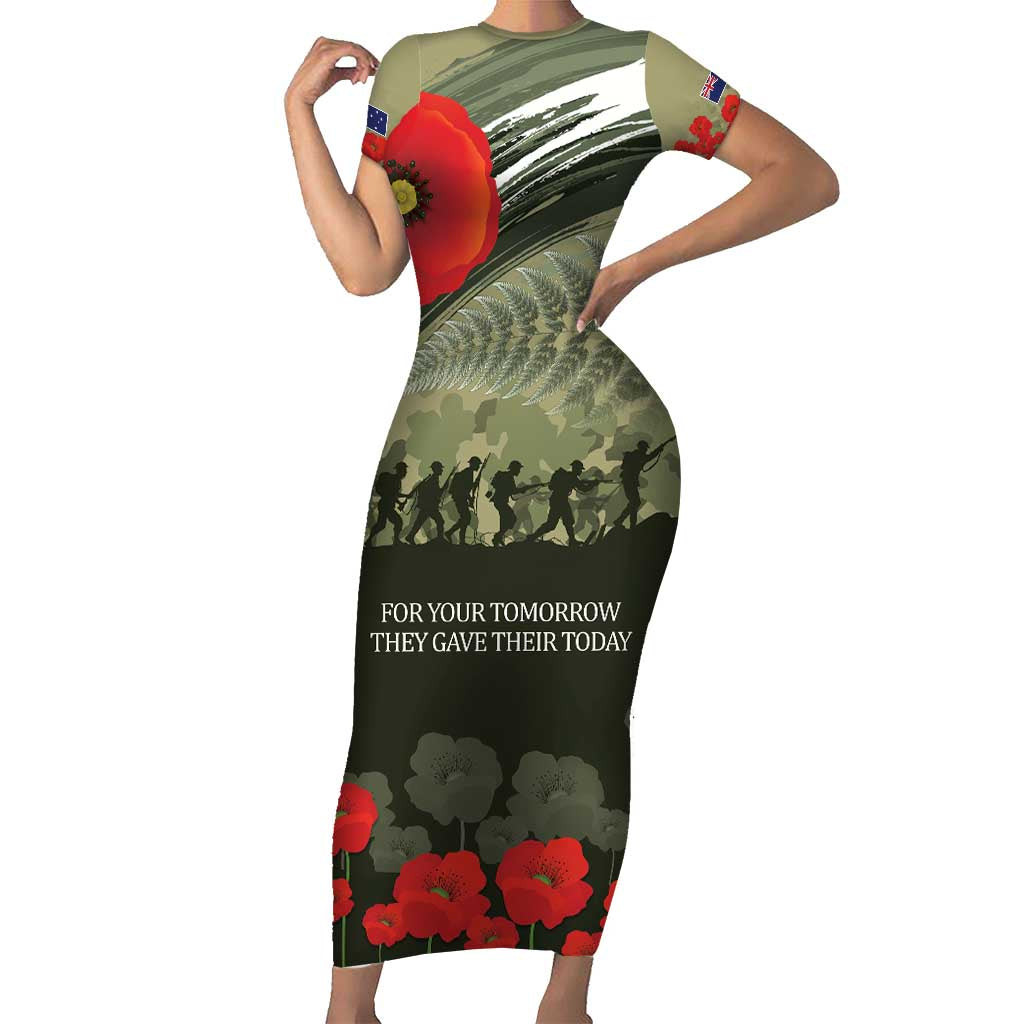 ANZAC Day We Remember Short Sleeve Bodycon Dress Maori Silver Fern Camouflage Motif