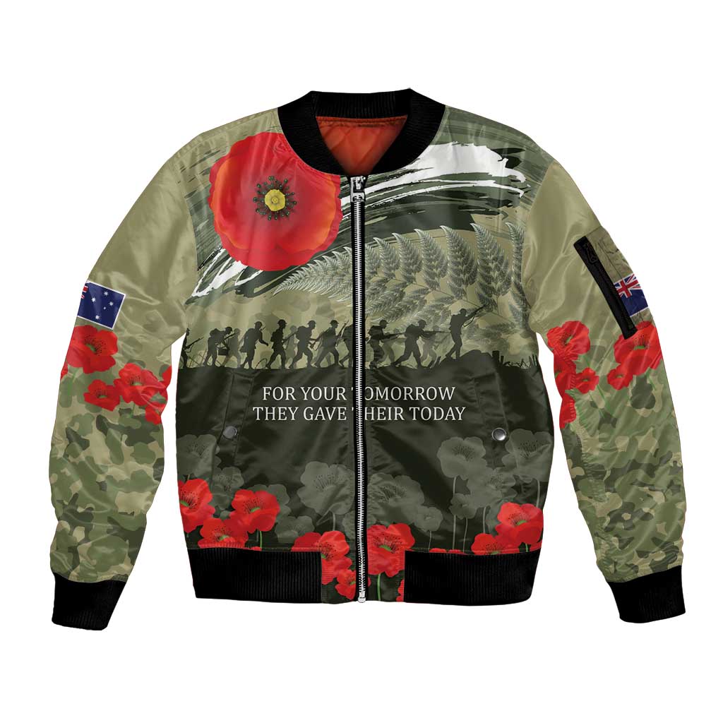 ANZAC Day We Remember Sleeve Zip Bomber Jacket Maori Silver Fern Camouflage Motif