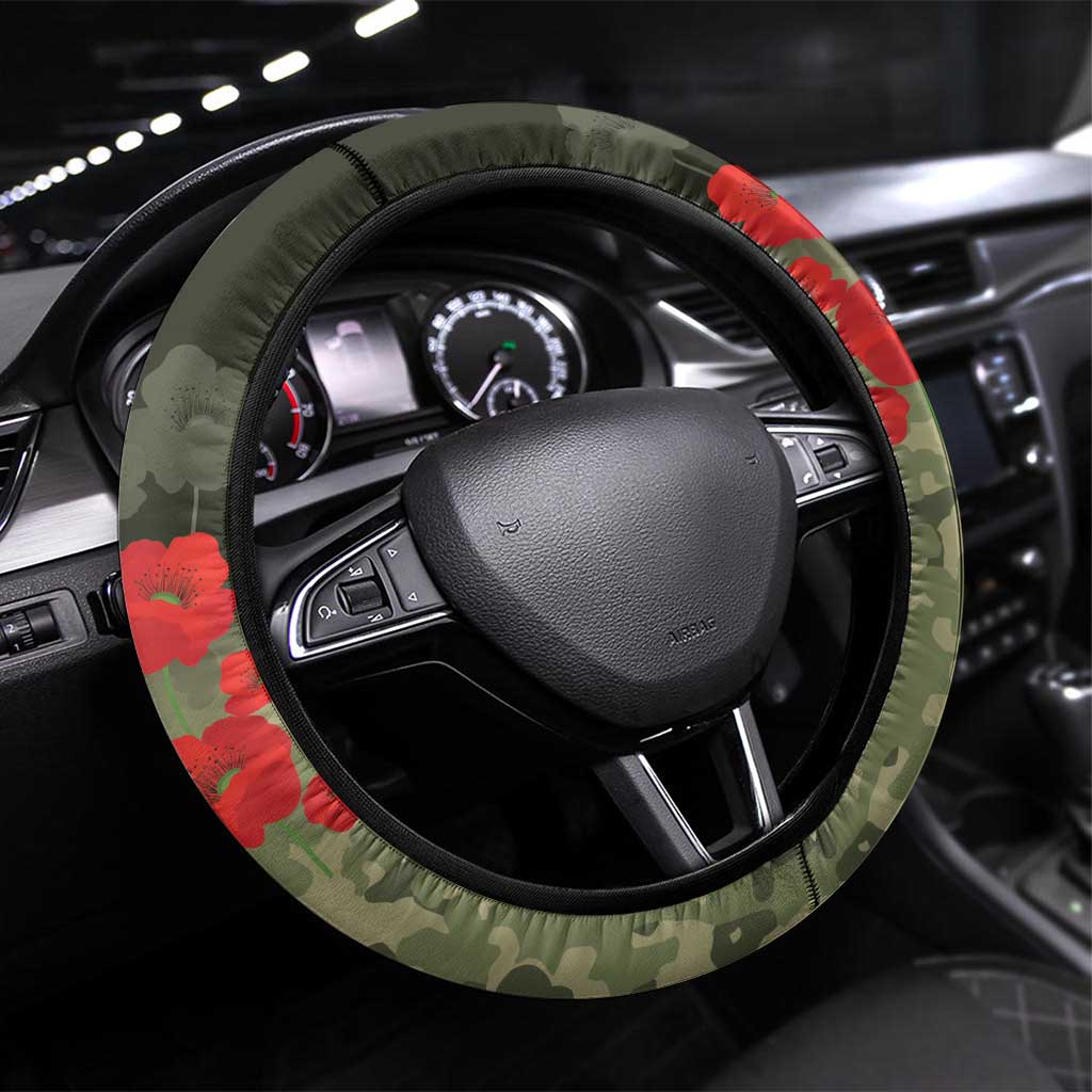 ANZAC Day We Remember Steering Wheel Cover Maori Silver Fern Camouflage Motif LT9 Universal Fit Green - Polynesian Pride