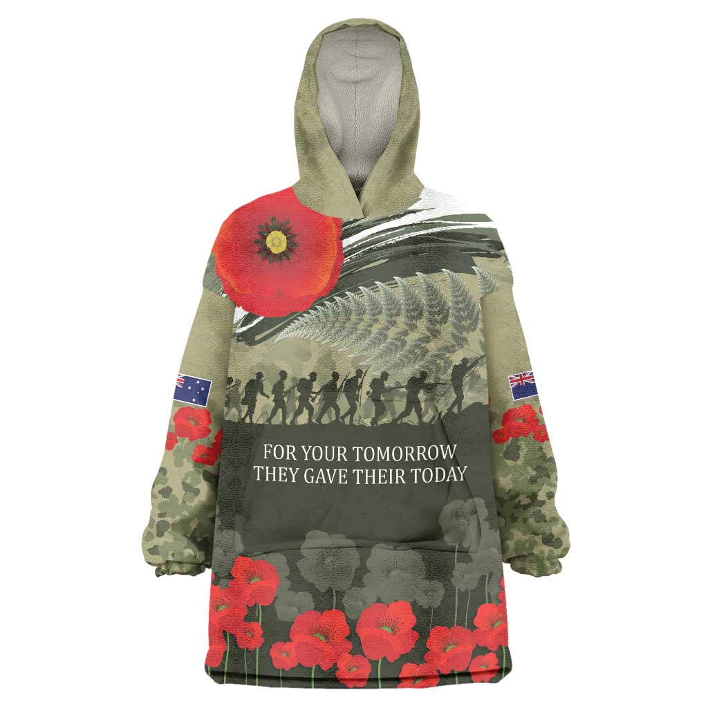 ANZAC Day We Remember Wearable Blanket Hoodie Maori Silver Fern Camouflage Motif