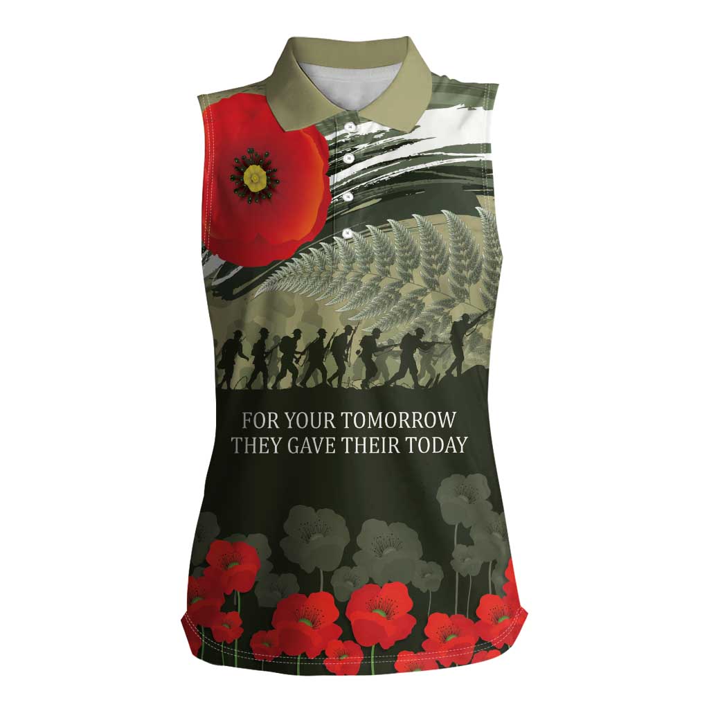 ANZAC Day We Remember Women Sleeveless Polo Shirt Maori Silver Fern Camouflage Motif