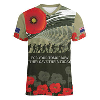 ANZAC Day We Remember Women V-Neck T-Shirt Maori Silver Fern Camouflage Motif LT9 Female Green - Polynesian Pride