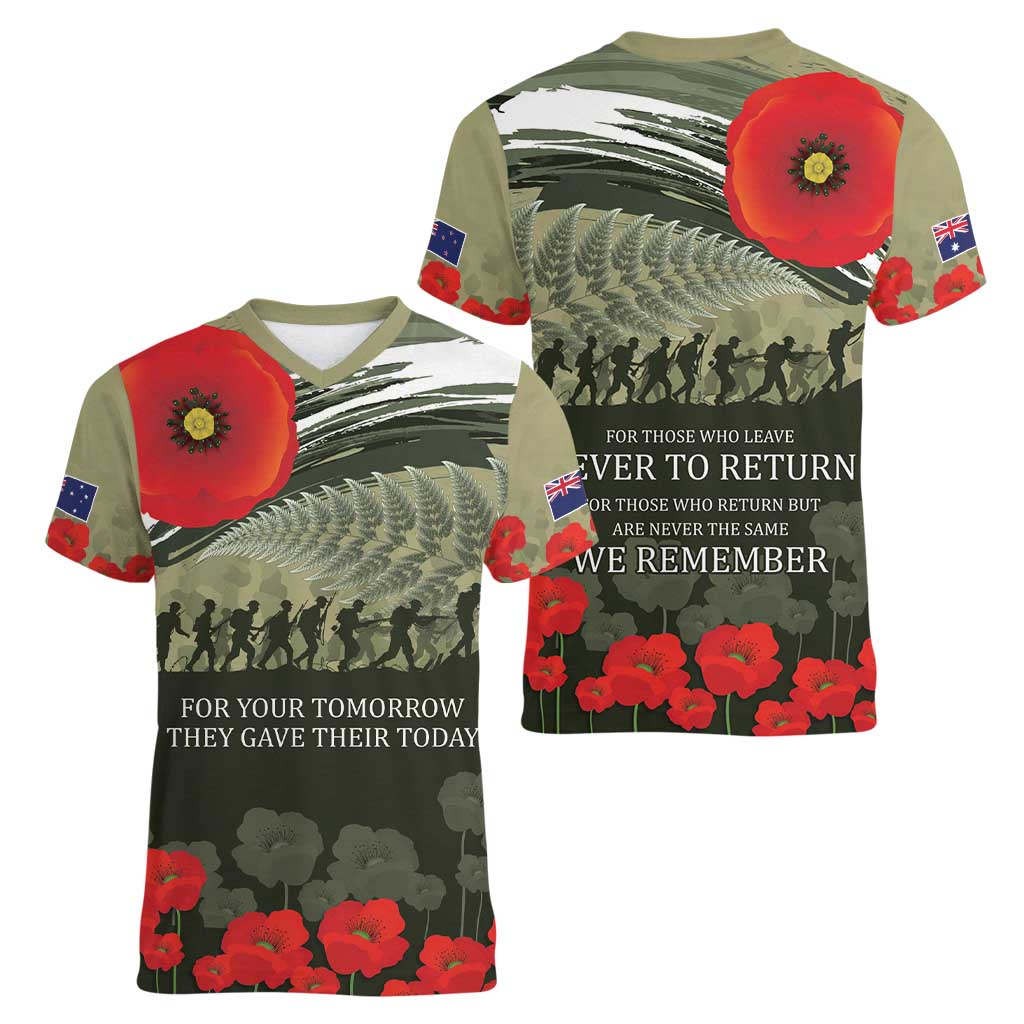 ANZAC Day We Remember Women V-Neck T-Shirt Maori Silver Fern Camouflage Motif LT9 - Polynesian Pride