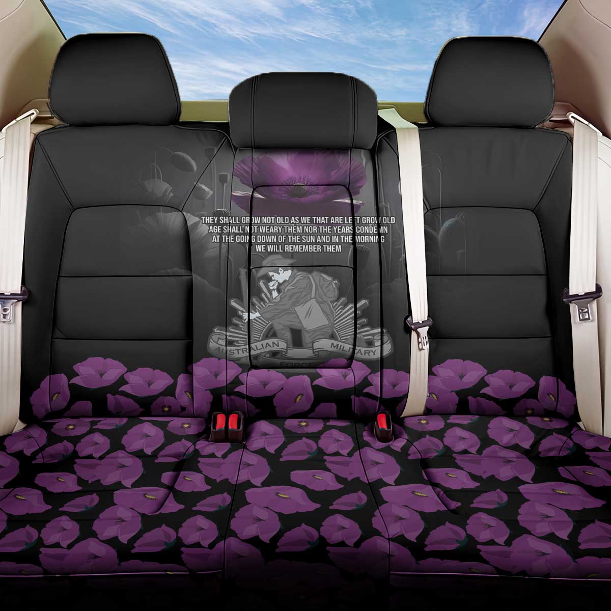ANZAC Day Remembrance Back Car Seat Cover Purple Poppy We Will Remember Them