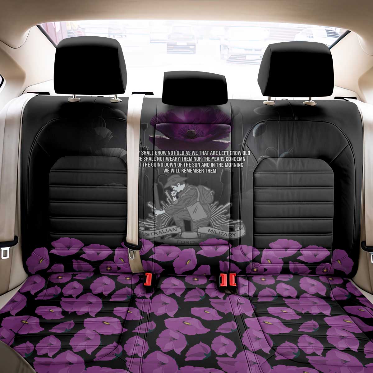 ANZAC Day Remembrance Back Car Seat Cover Purple Poppy We Will Remember Them