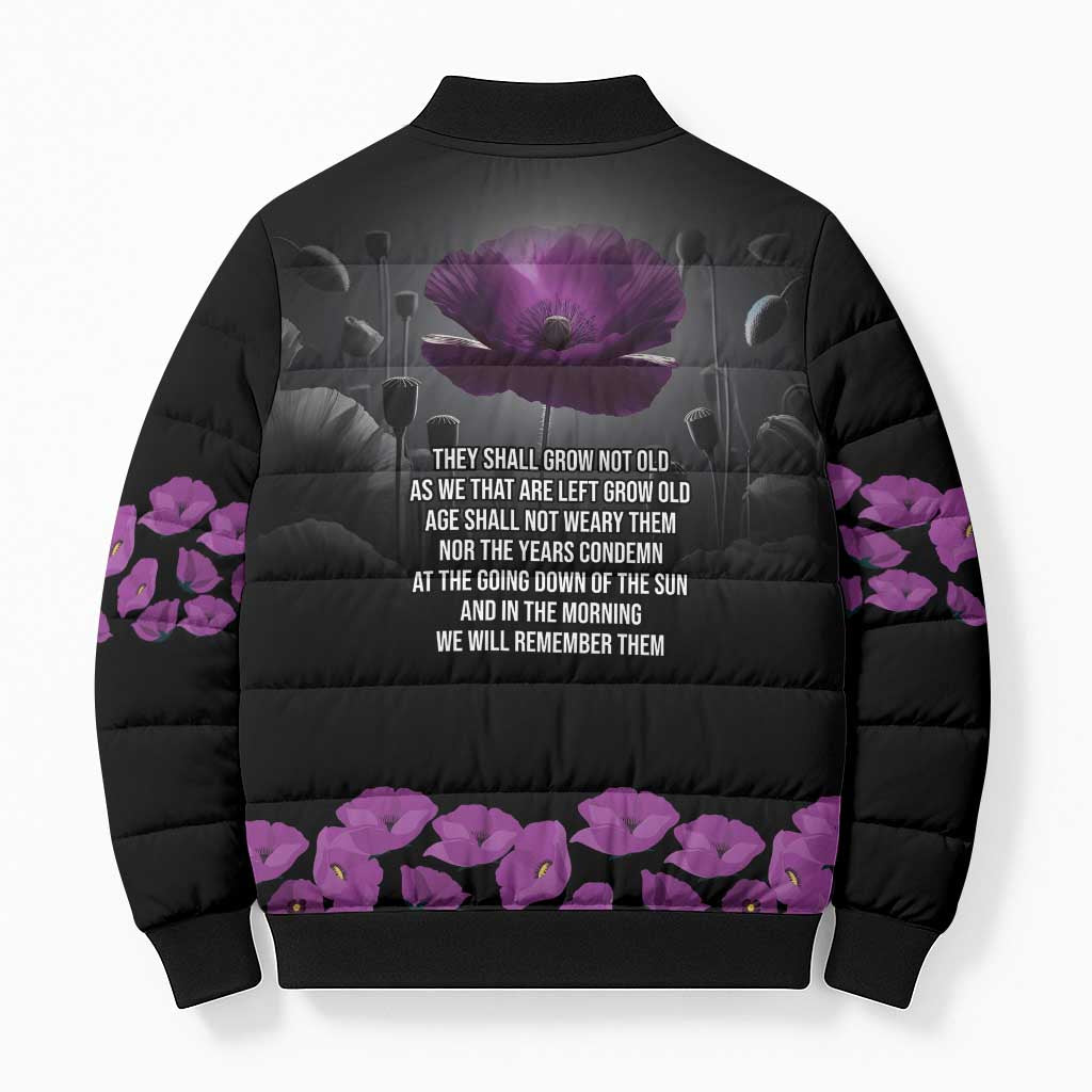 ANZAC Day Remembrance Bomber Puffer Jacket Purple Poppy We Will Remember Them
