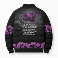 ANZAC Day Remembrance Bomber Puffer Jacket Purple Poppy We Will Remember Them