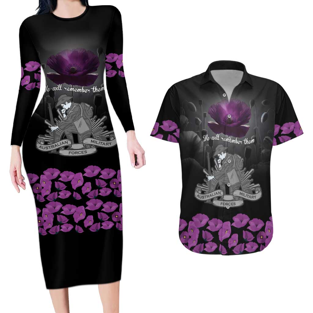 ANZAC Day Remembrance Couples Matching Long Sleeve Bodycon Dress and Hawaiian Shirt Purple Poppy We Will Remember Them LT9 Purple - Polynesian Pride