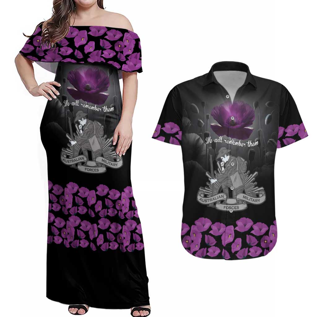 ANZAC Day Remembrance Couples Matching Off Shoulder Maxi Dress and Hawaiian Shirt Purple Poppy We Will Remember Them LT9 Purple - Polynesian Pride