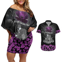 ANZAC Day Remembrance Couples Matching Off Shoulder Short Dress and Hawaiian Shirt Purple Poppy We Will Remember Them LT9 Purple - Polynesian Pride