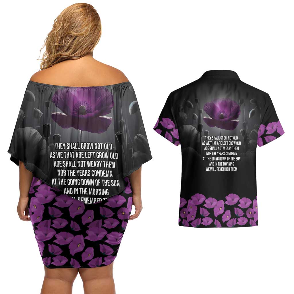 ANZAC Day Remembrance Couples Matching Off Shoulder Short Dress and Hawaiian Shirt Purple Poppy We Will Remember Them LT9 - Polynesian Pride