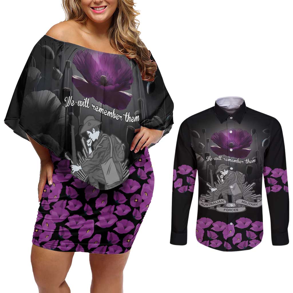 ANZAC Day Remembrance Couples Matching Off Shoulder Short Dress and Long Sleeve Button Shirt Purple Poppy We Will Remember Them LT9 Purple - Polynesian Pride