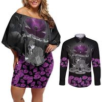 ANZAC Day Remembrance Couples Matching Off Shoulder Short Dress and Long Sleeve Button Shirt Purple Poppy We Will Remember Them LT9 Purple - Polynesian Pride