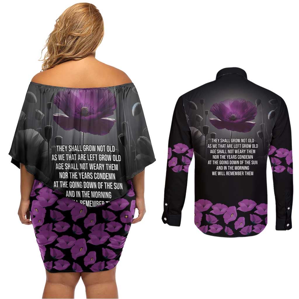 ANZAC Day Remembrance Couples Matching Off Shoulder Short Dress and Long Sleeve Button Shirt Purple Poppy We Will Remember Them LT9 - Polynesian Pride