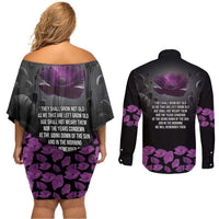ANZAC Day Remembrance Couples Matching Off Shoulder Short Dress and Long Sleeve Button Shirt Purple Poppy We Will Remember Them LT9 - Polynesian Pride
