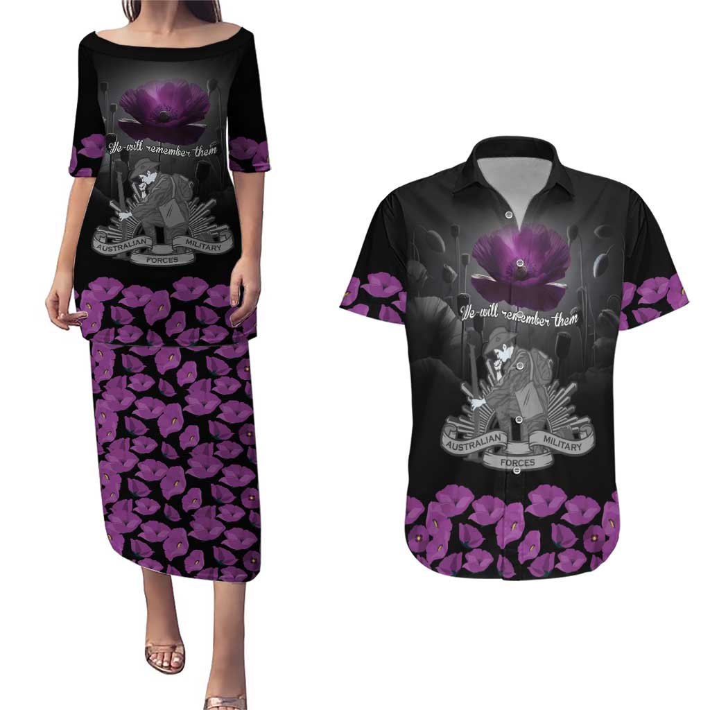ANZAC Day Remembrance Couples Matching Puletasi and Hawaiian Shirt Purple Poppy We Will Remember Them LT9 Purple - Polynesian Pride