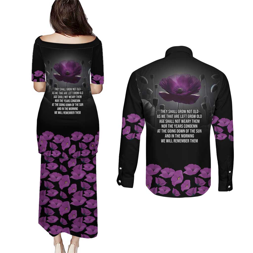 ANZAC Day Remembrance Couples Matching Puletasi and Long Sleeve Button Shirt Purple Poppy We Will Remember Them LT9 - Polynesian Pride