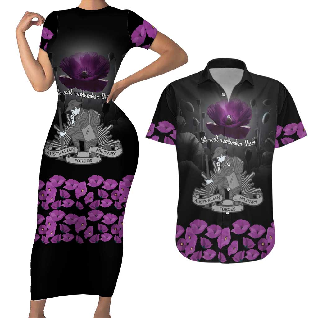 ANZAC Day Remembrance Couples Matching Short Sleeve Bodycon Dress and Hawaiian Shirt Purple Poppy We Will Remember Them LT9 Purple - Polynesian Pride