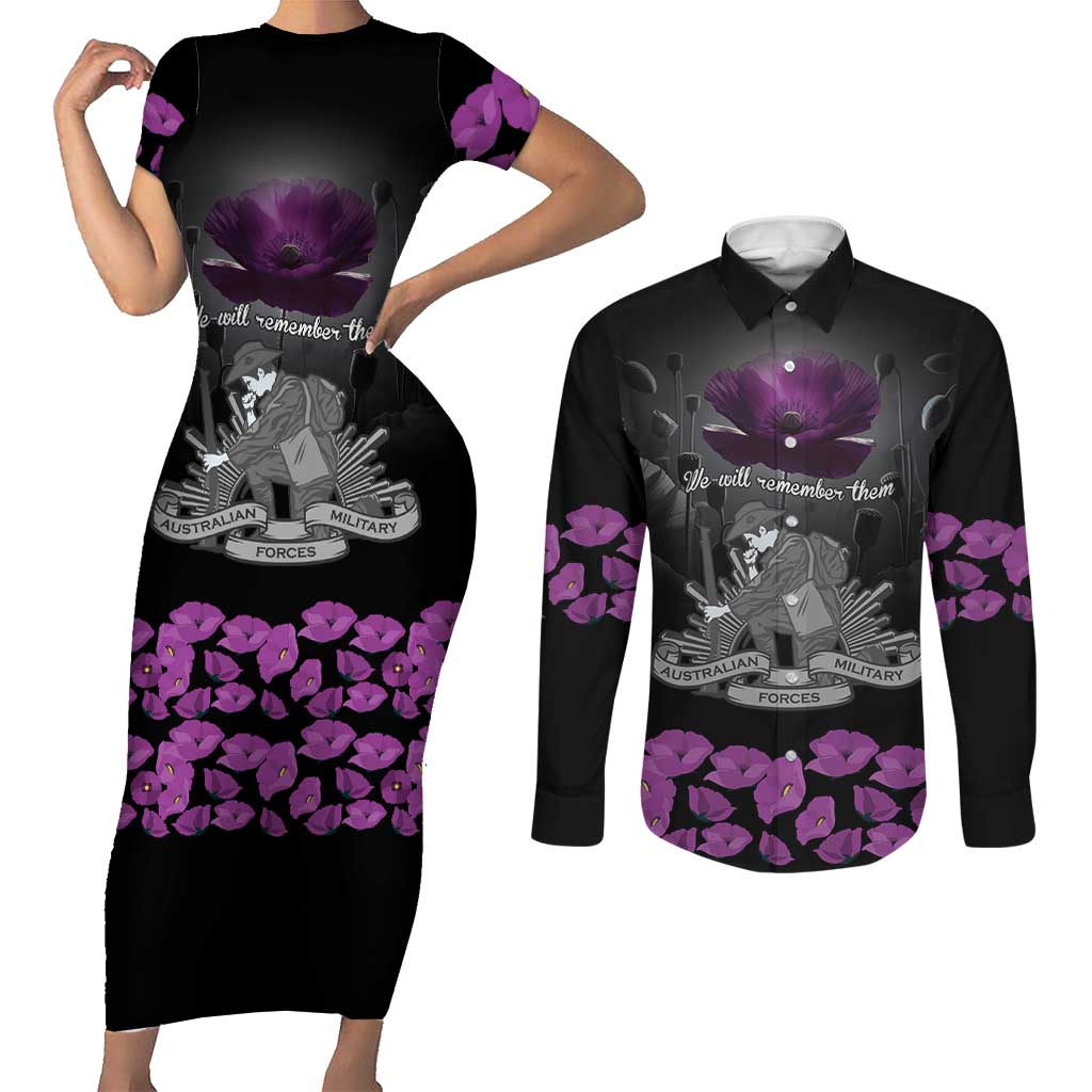 ANZAC Day Remembrance Couples Matching Short Sleeve Bodycon Dress and Long Sleeve Button Shirt Purple Poppy We Will Remember Them LT9 Purple - Polynesian Pride
