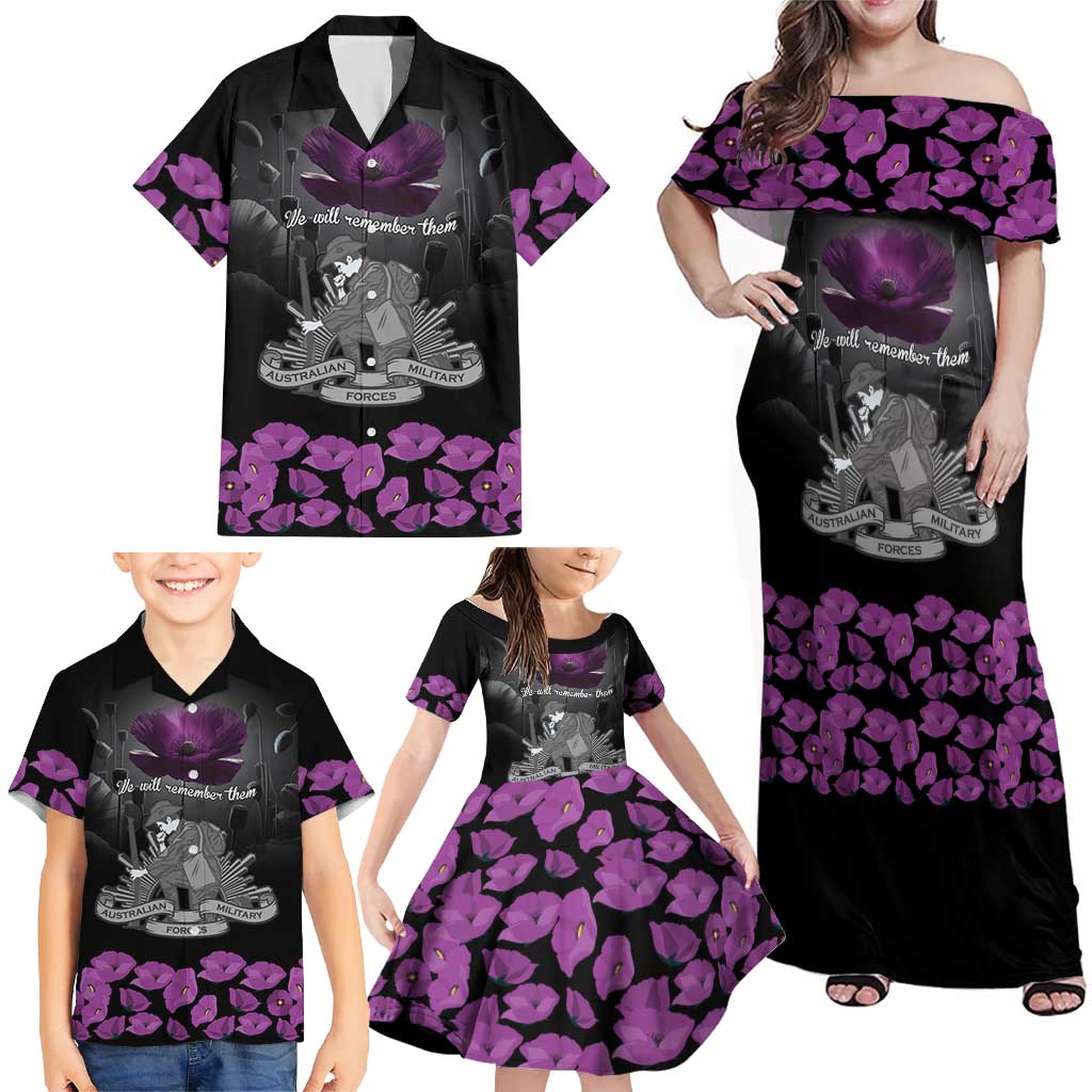 ANZAC Day Remembrance Family Matching Off Shoulder Maxi Dress and Hawaiian Shirt Purple Poppy We Will Remember Them LT9 - Polynesian Pride