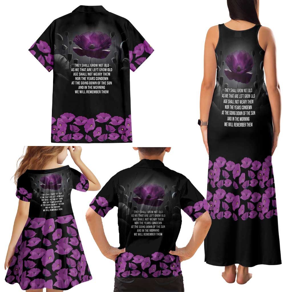 ANZAC Day Remembrance Family Matching Tank Maxi Dress and Hawaiian Shirt Purple Poppy We Will Remember Them