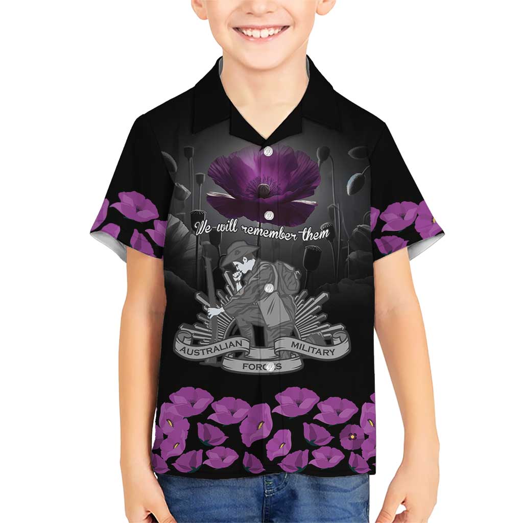 ANZAC Day Remembrance Kid Hawaiian Shirt Purple Poppy We Will Remember Them LT9 Kid Purple - Polynesian Pride