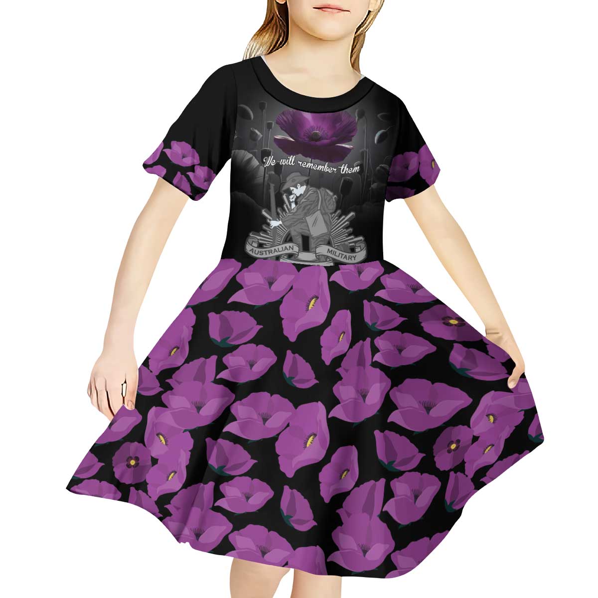 ANZAC Day Remembrance Kid Short Sleeve Dress Purple Poppy We Will Remember Them LT9 - Polynesian Pride