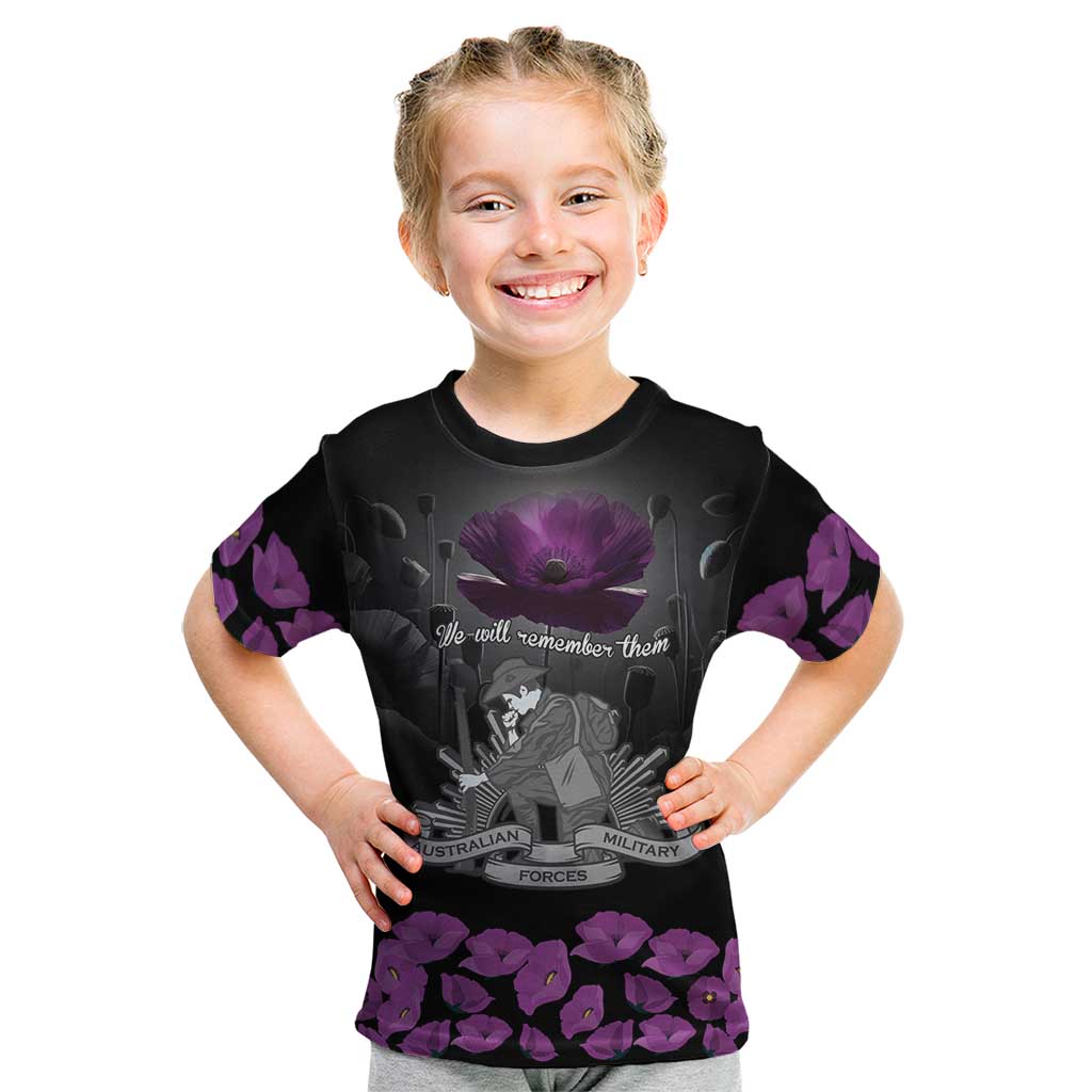ANZAC Day Remembrance Kid T Shirt Purple Poppy We Will Remember Them LT9 Purple - Polynesian Pride