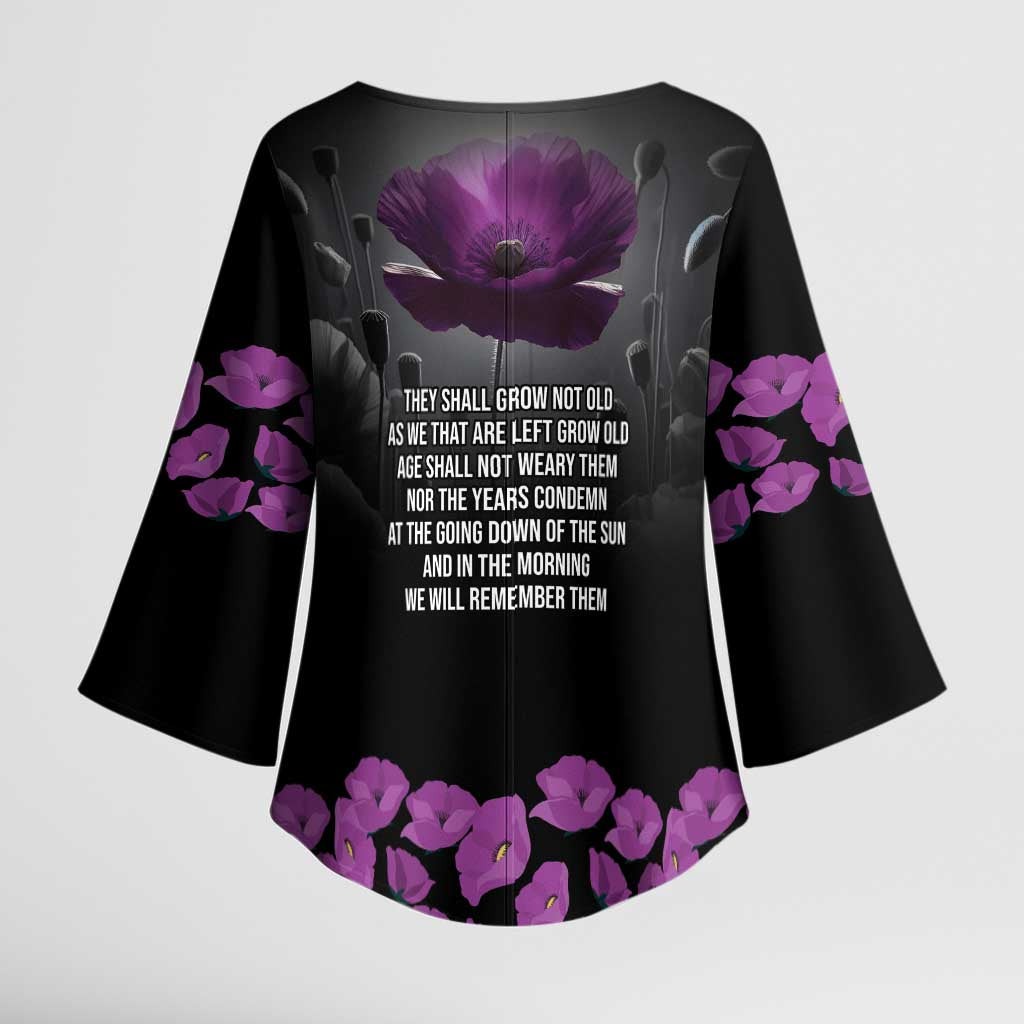 ANZAC Day Remembrance Kimono Sleeve Blouse Purple Poppy We Will Remember Them LT9 - Polynesian Pride