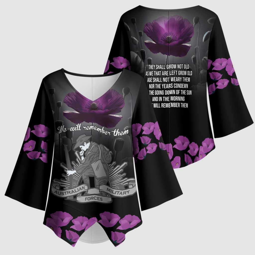 ANZAC Day Remembrance Kimono Sleeve Blouse Purple Poppy We Will Remember Them LT9 - Polynesian Pride