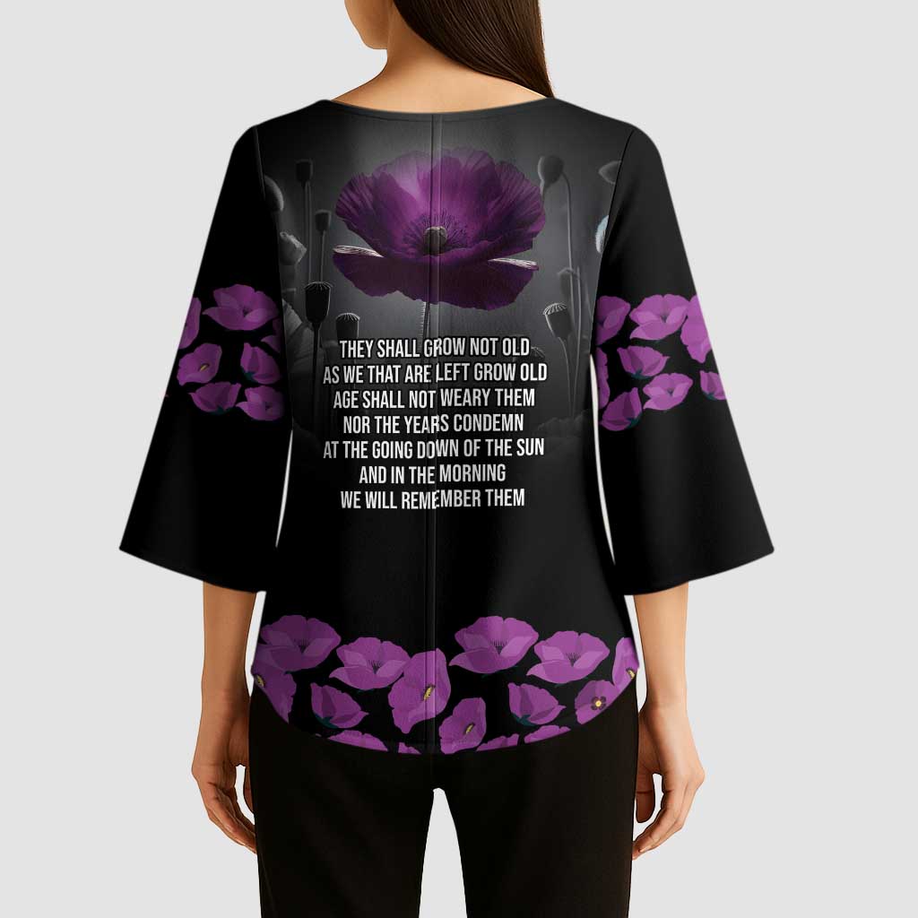 ANZAC Day Remembrance Kimono Sleeve Blouse Purple Poppy We Will Remember Them LT9 - Polynesian Pride