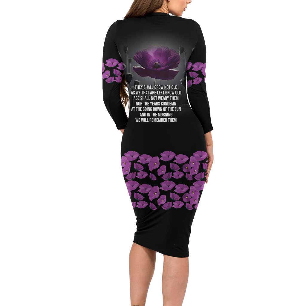ANZAC Day Remembrance Long Sleeve Bodycon Dress Purple Poppy We Will Remember Them LT9 - Polynesian Pride