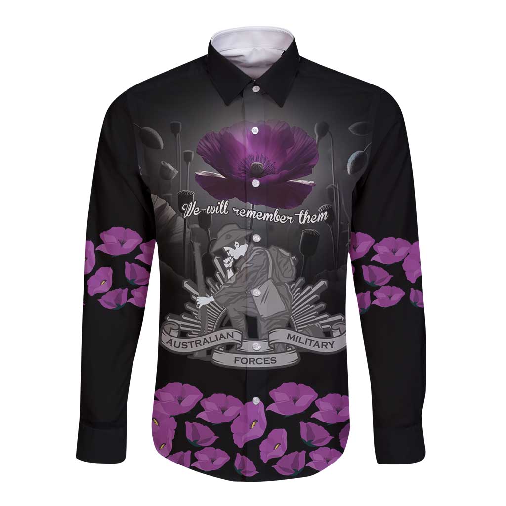 ANZAC Day Remembrance Long Sleeve Button Shirt Purple Poppy We Will Remember Them LT9 Unisex Purple - Polynesian Pride
