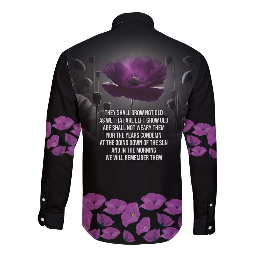 ANZAC Day Remembrance Long Sleeve Button Shirt Purple Poppy We Will Remember Them LT9 - Polynesian Pride