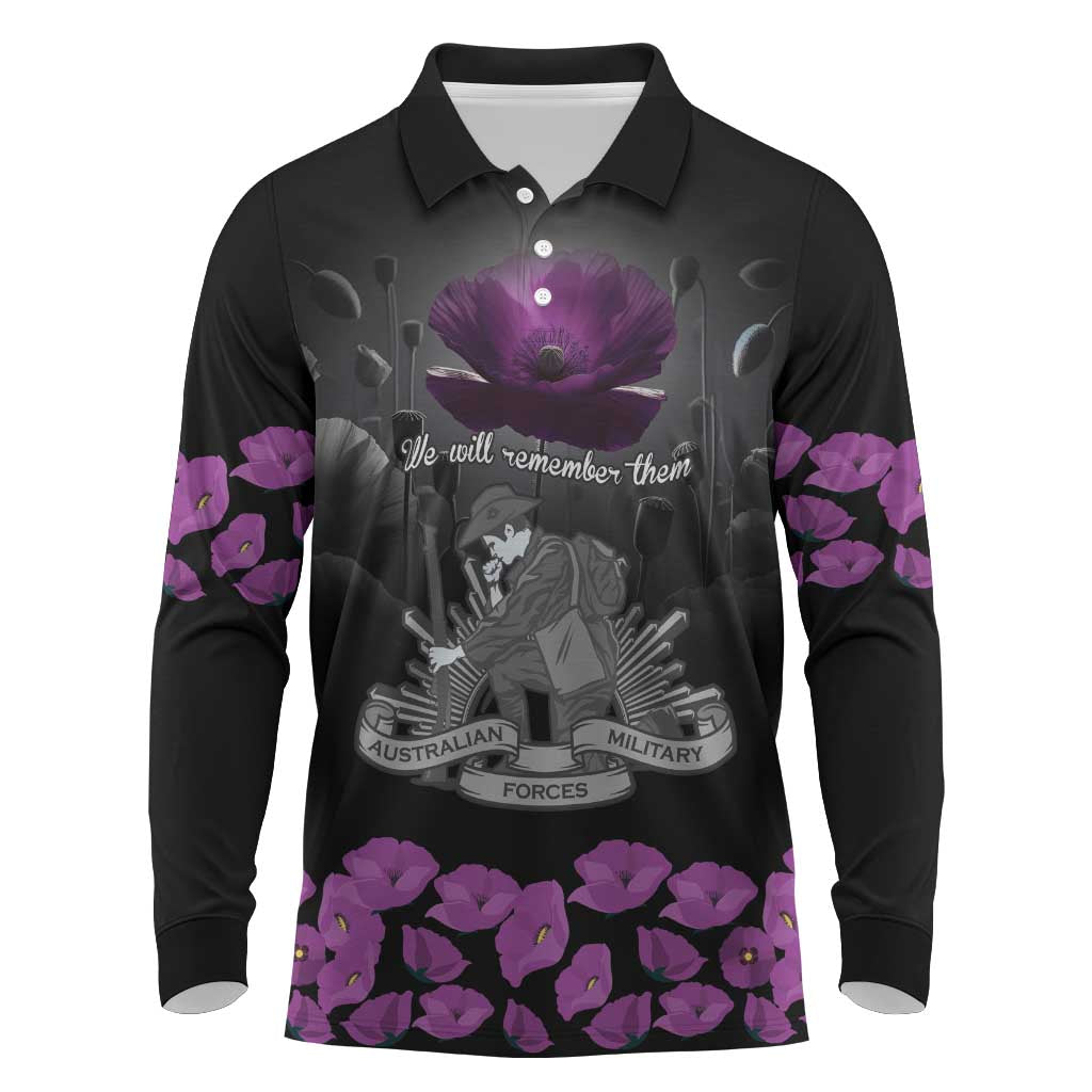 ANZAC Day Remembrance Long Sleeve Polo Shirt Purple Poppy We Will Remember Them