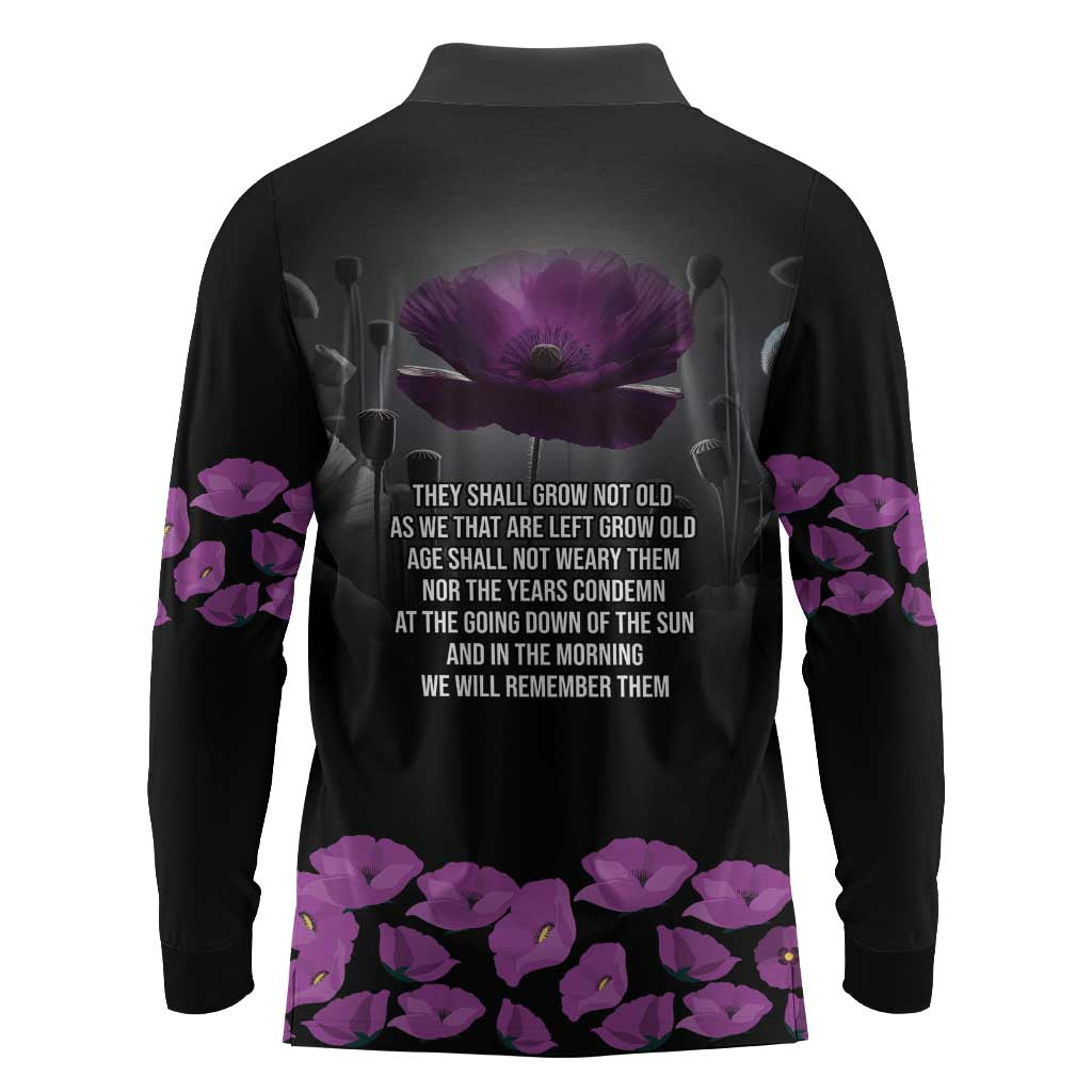 ANZAC Day Remembrance Long Sleeve Polo Shirt Purple Poppy We Will Remember Them