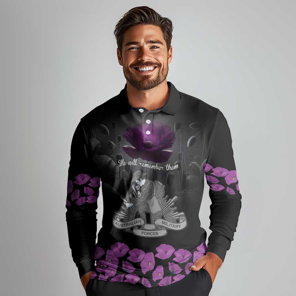 ANZAC Day Remembrance Long Sleeve Polo Shirt Purple Poppy We Will Remember Them