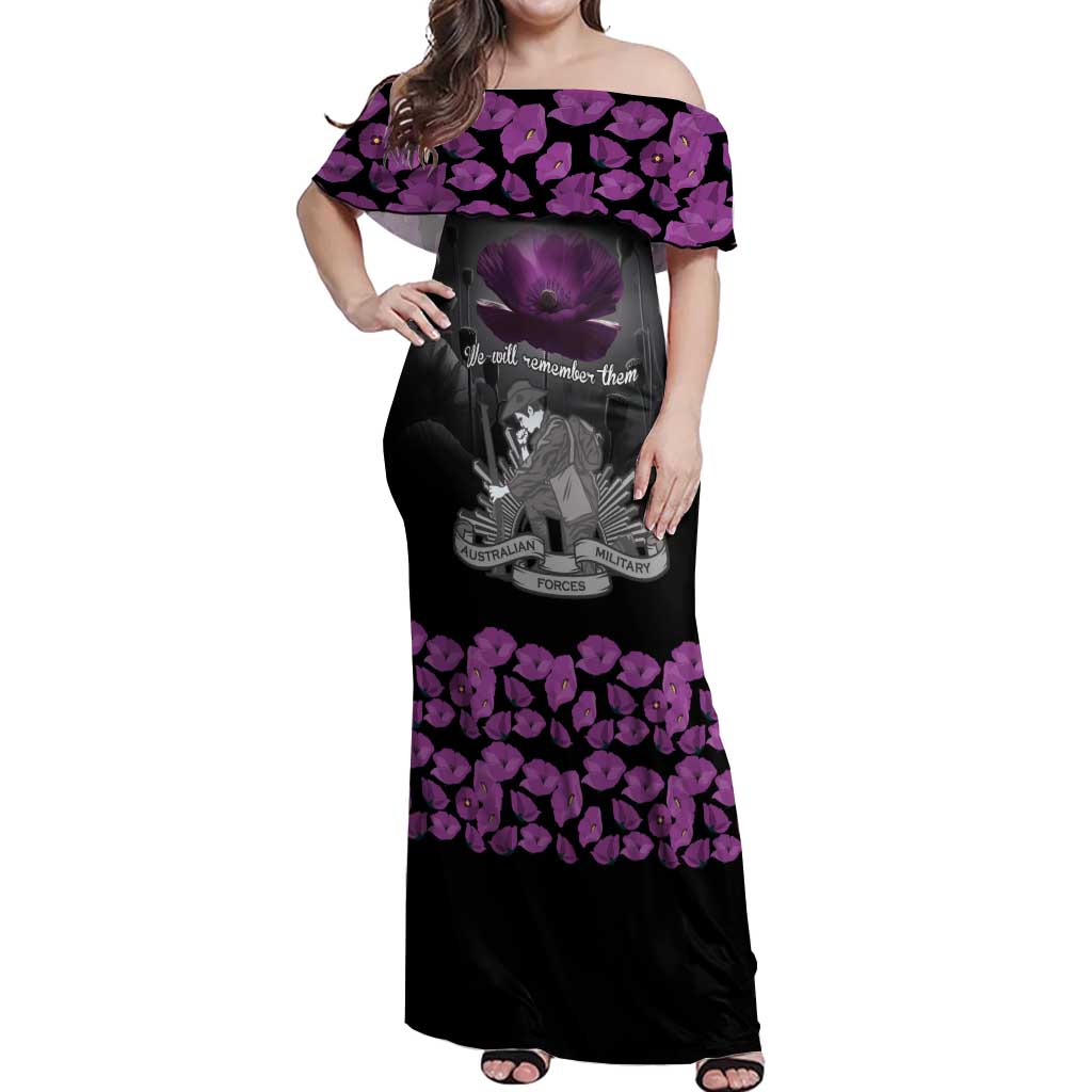 ANZAC Day Remembrance Off Shoulder Maxi Dress Purple Poppy We Will Remember Them LT9 Women Purple - Polynesian Pride