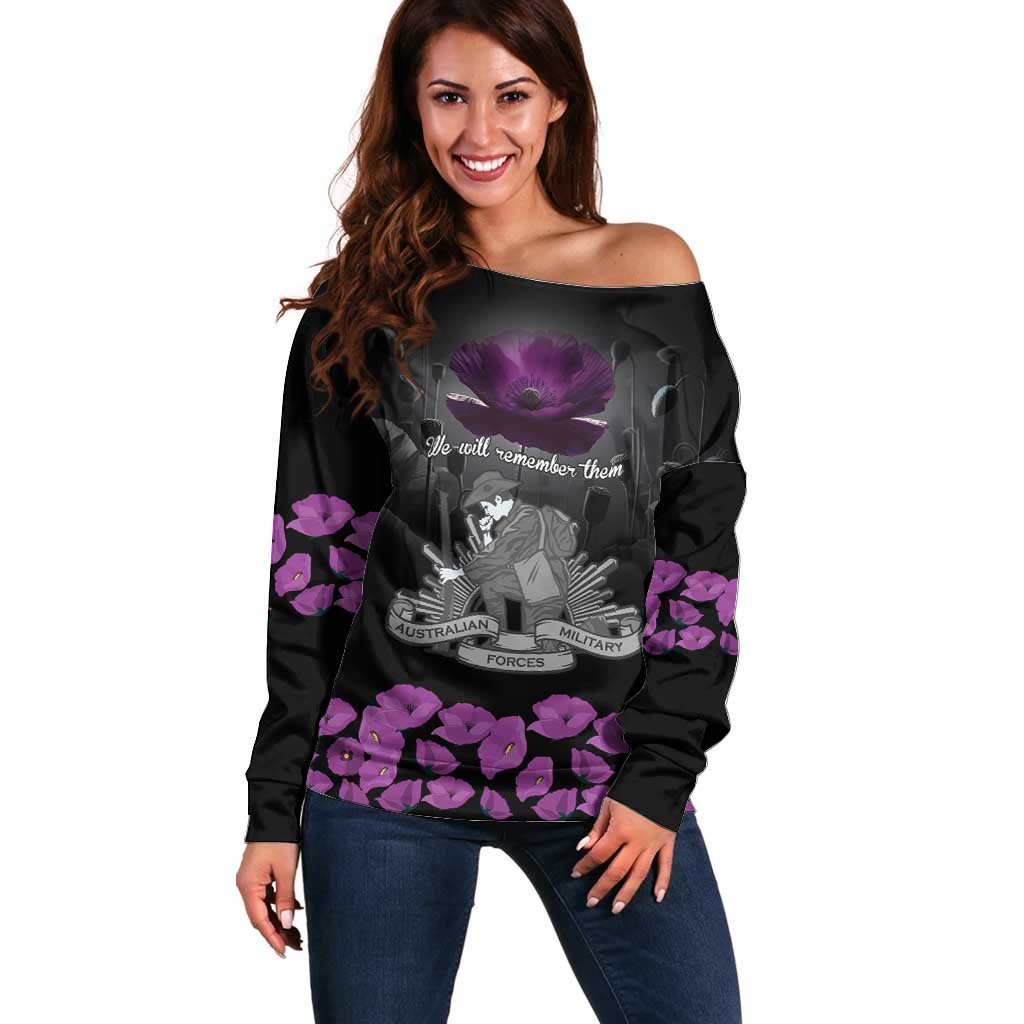 ANZAC Day Remembrance Off Shoulder Sweater Purple Poppy We Will Remember Them LT9 Women Purple - Polynesian Pride