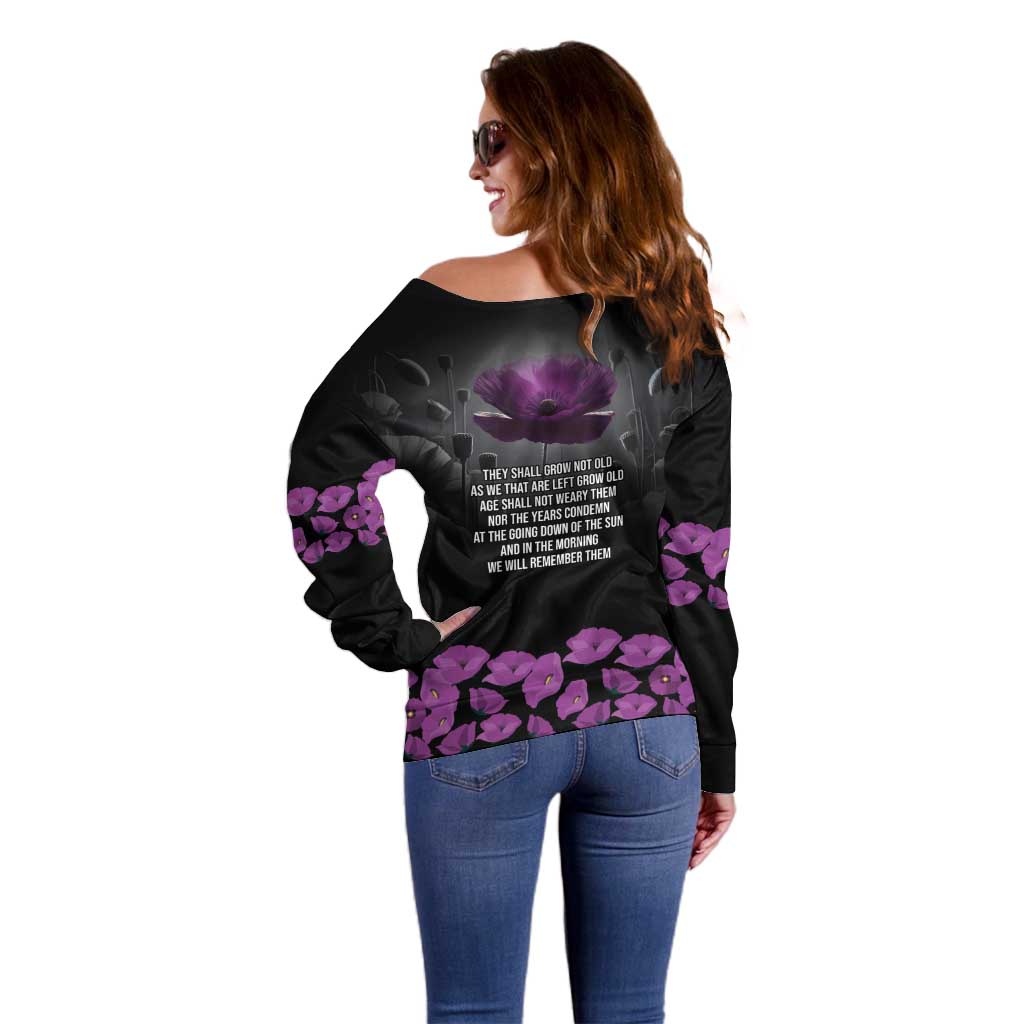 ANZAC Day Remembrance Off Shoulder Sweater Purple Poppy We Will Remember Them LT9 - Polynesian Pride