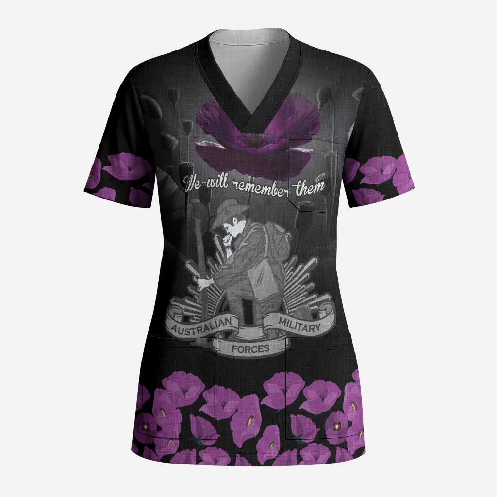 ANZAC Day Remembrance Scrub Top Purple Poppy We Will Remember Them
