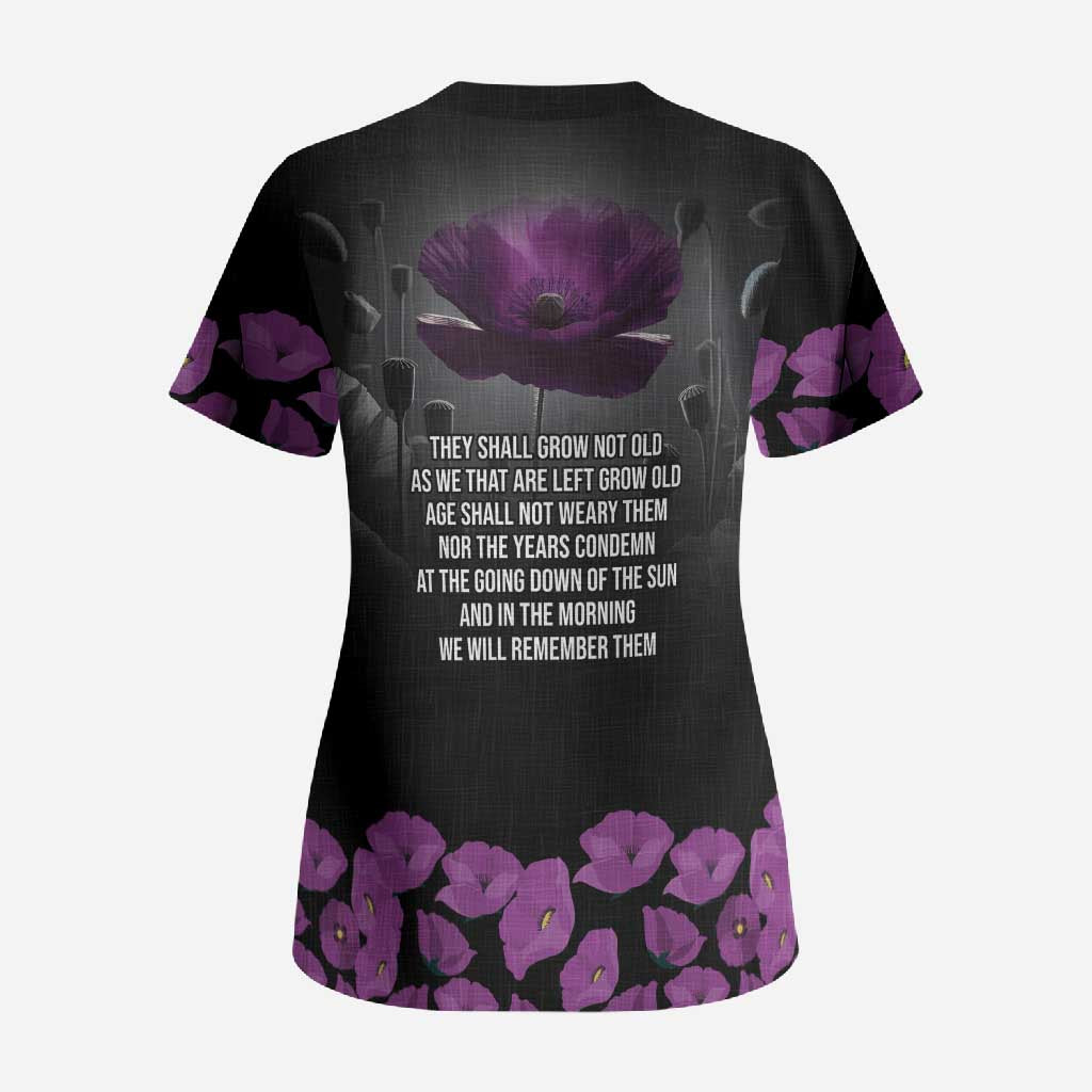 ANZAC Day Remembrance Scrub Top Purple Poppy We Will Remember Them