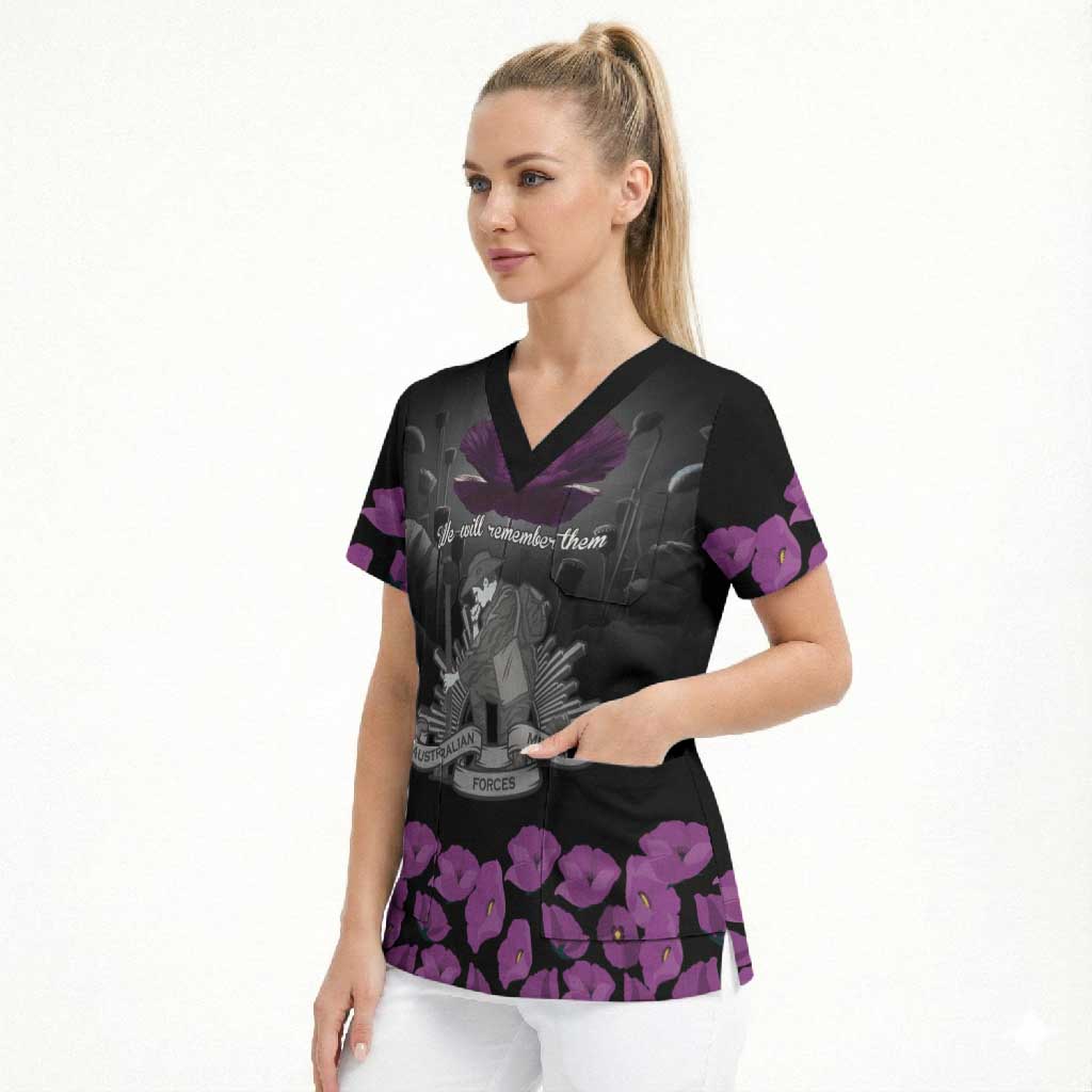 ANZAC Day Remembrance Scrub Top Purple Poppy We Will Remember Them