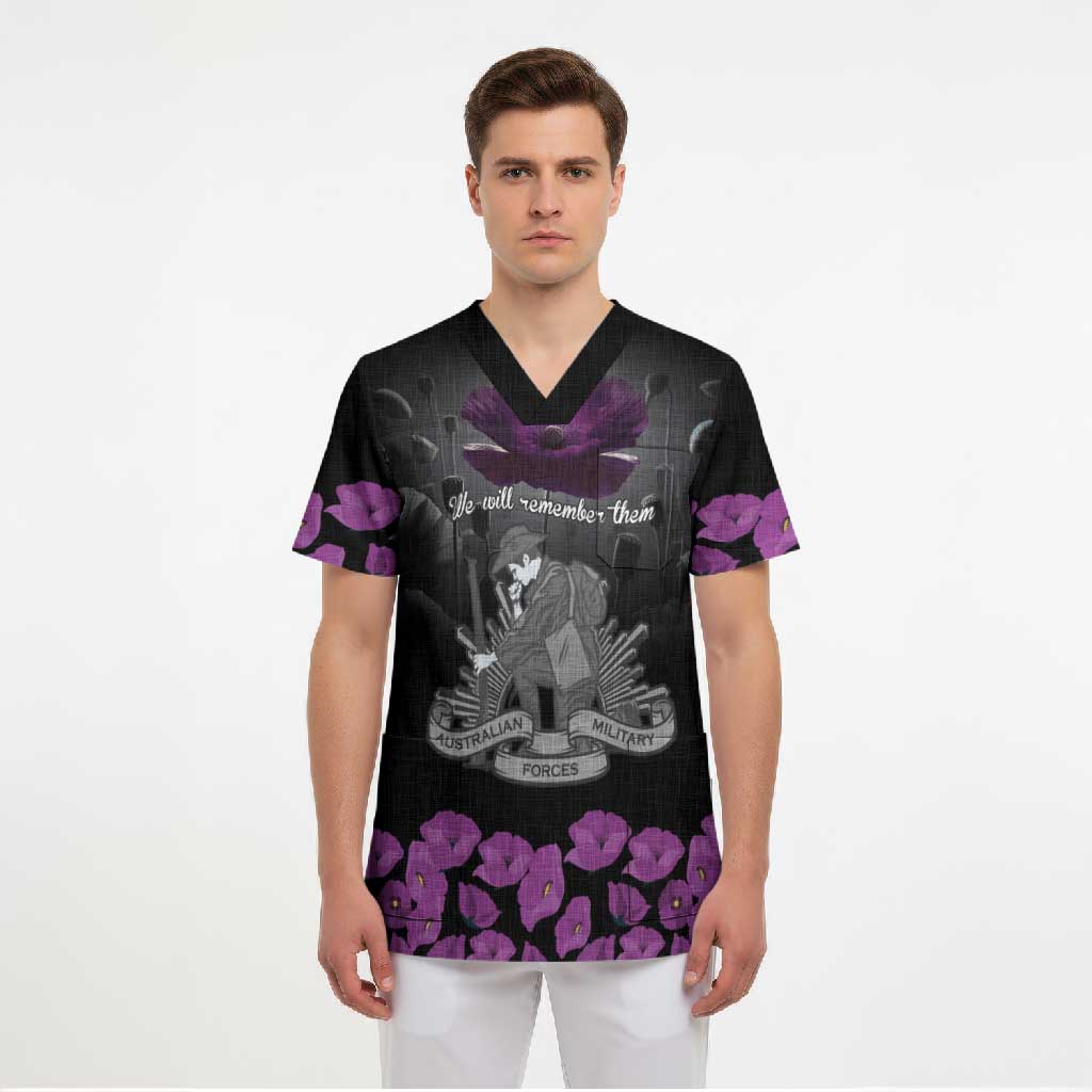 ANZAC Day Remembrance Scrub Top Purple Poppy We Will Remember Them